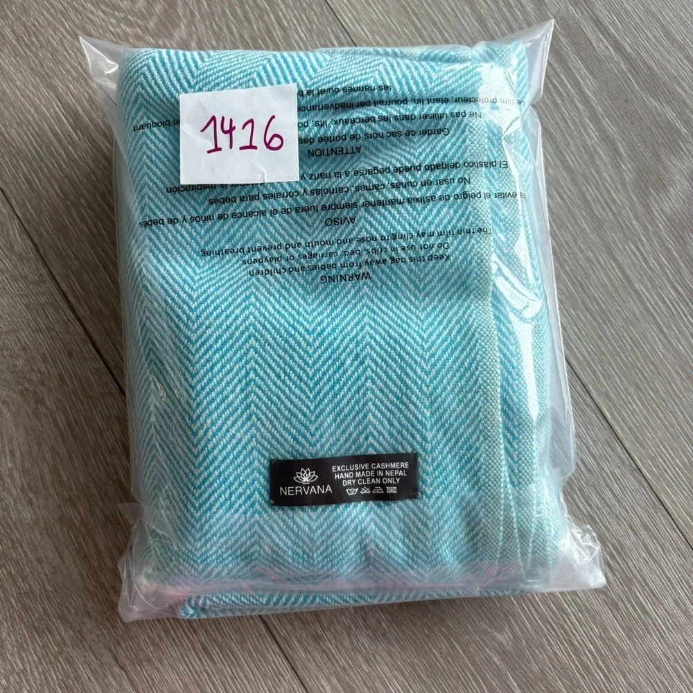 Nervana Unisex Blue Cashmere Herringbone Throw Blanket Shawl Scarf 28x80